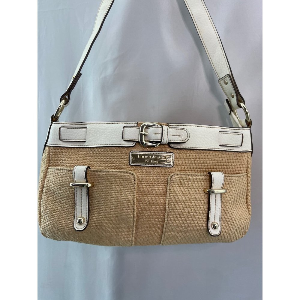 Etienne Aigner White Trimmed Tan Textured Purse - Picture 2 of 12